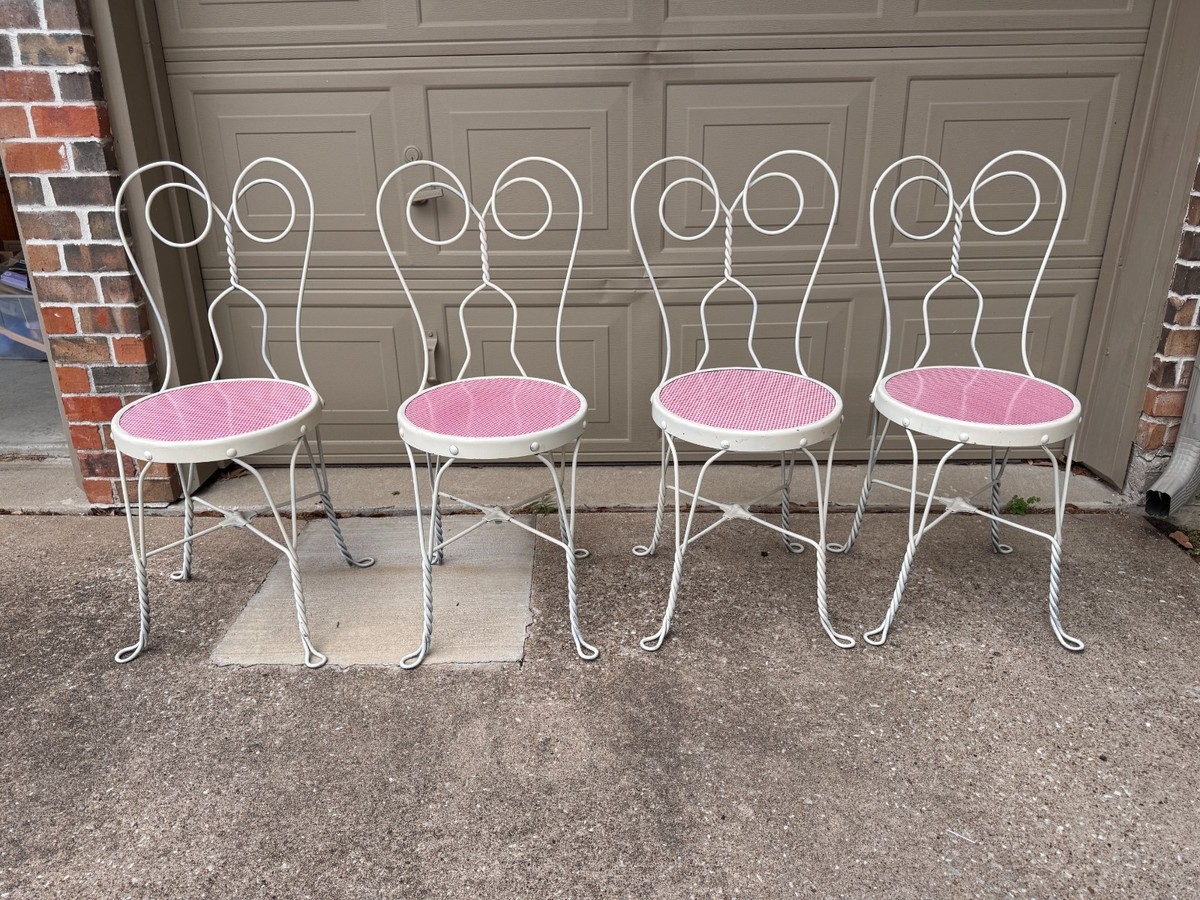 Vtg Sweetheart Ice Cream Parlor Chair White Metal Pink Gingham