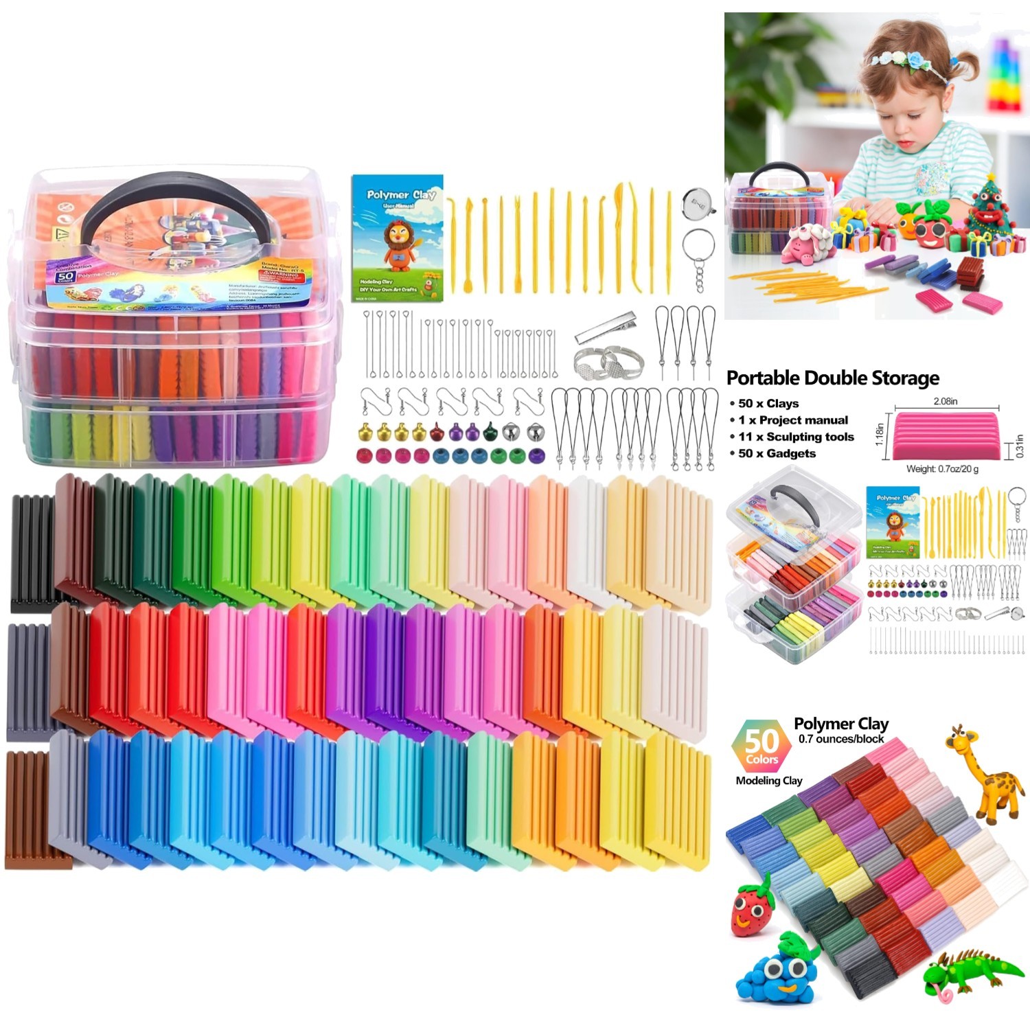 Polymer Clay Starter Kit 50 Colors Oven Bake Modeling Sculpting Tools Reusable