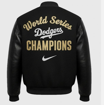 Men's Black and Gold Dodgers Bomber Jacket Wool Body Leather Sleeves Snap Front