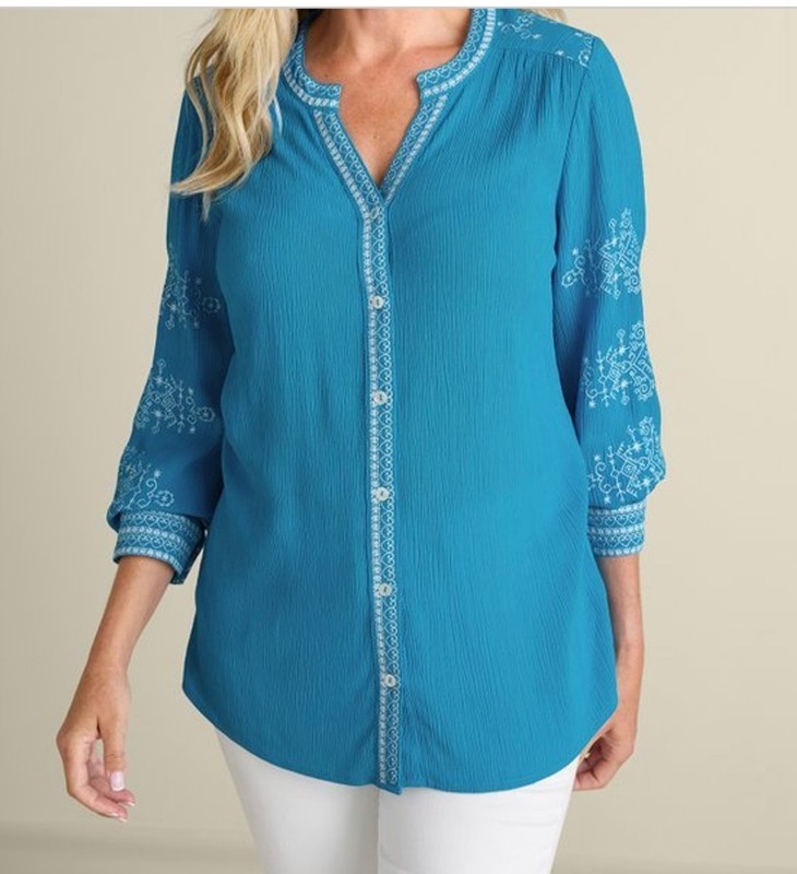 Soft Surroundings Imane Gauze Tunic Blue & White Long Sleeve Top XL