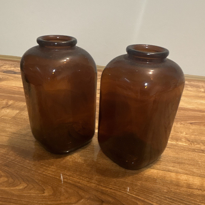 Lot of 2 Amber Brown Glass Bottles/Jars, Square-Sided Brown Glass
