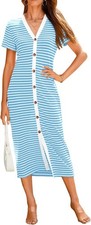 Women Summer Short Sleeve Striped Midi Party Dresses with Decorative Buttons