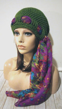 handmade crochet womans flower scarf hat slouchy sea turtle green new