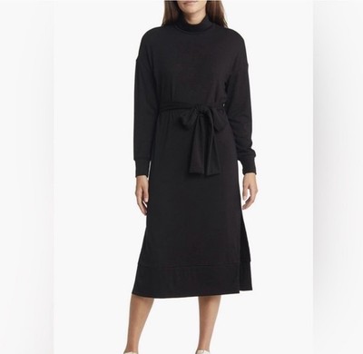 NWT Caslon Tie Wasit Long Sleeve Turtleneck Midi Black Dress Size XS Side Slit