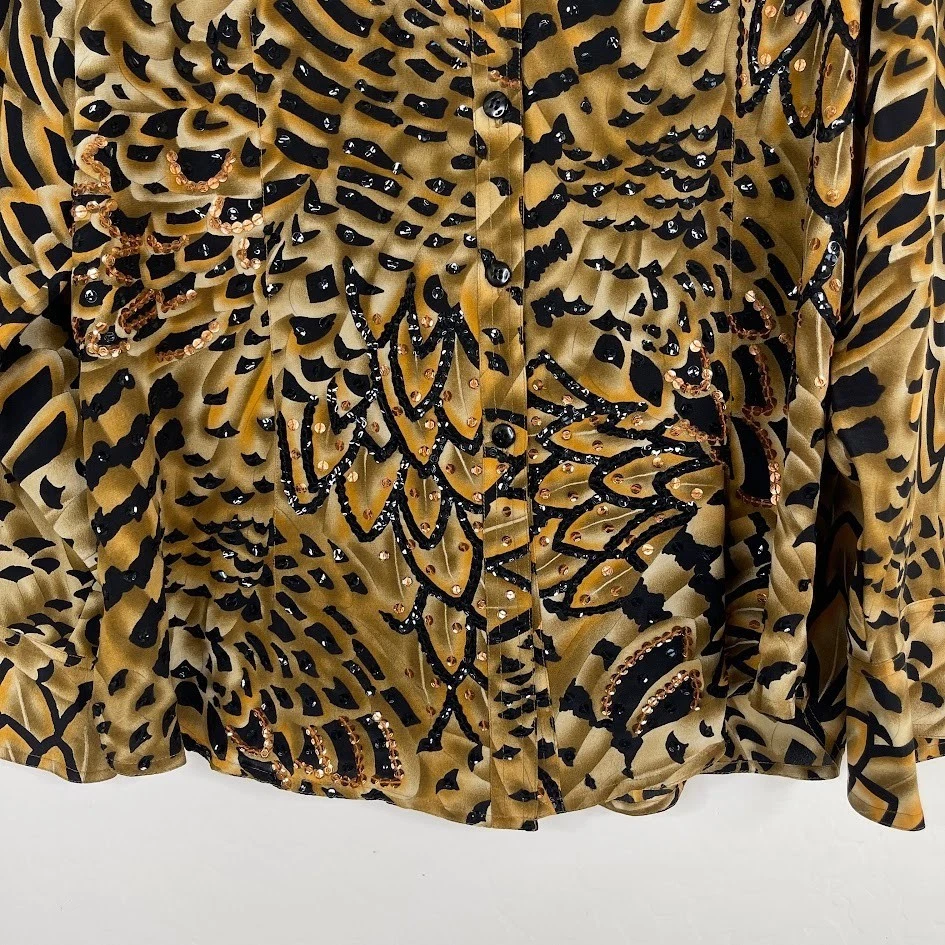 Diane Gilman Silk Button Up Blouse Animal Print Rhinestone Maximalist Size L - Image 3 of 4