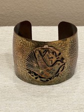 Vintage Solid Copper Wide Etched Cuff Bracelet with raised Bird Detail