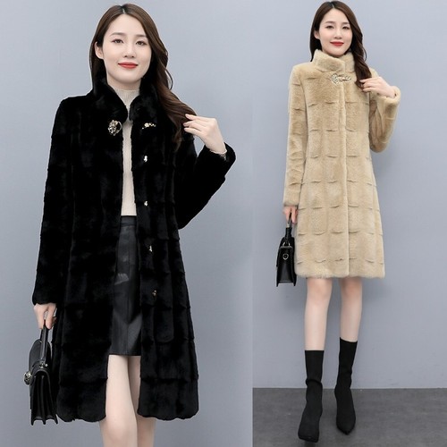 Womens Faux Fur Stand Collar Slim Fit Long Trench Outwear Warm Fashion Overcoat