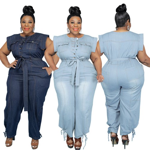 New Plus Size Women Sleeveless Button Bandage Patchwork Casual Denim Jumpsuit