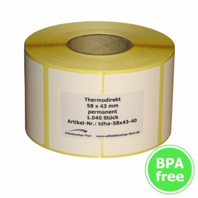 Thermo Etiketten auf Rolle - 58 x 43 mm - 1.040 Stück - Hülse 40 mm für BIZERBA