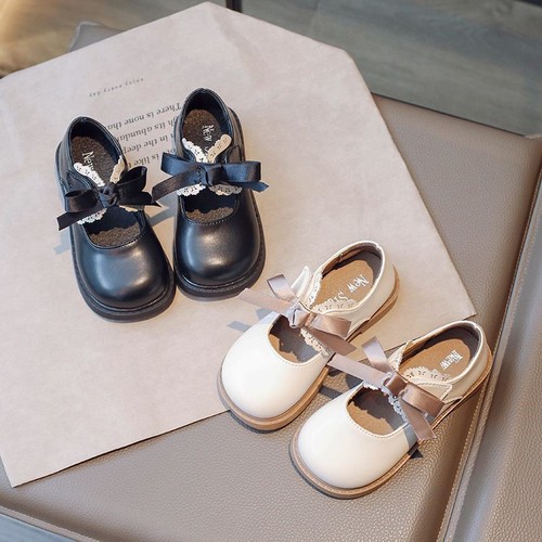 Girls Outdoor Bow Flat Mary Jane Shoes Kids Children School Lace Leather Shoes