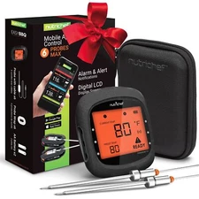 NutriChef Smart Bluetooth BBQ Thermometer with Travel Zip Case, Upgraded Stai...