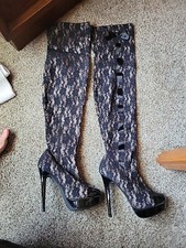COLIN STUART Black  Lace Sexy THIGH HIGH Patent Leather BOOTS Shoes 8.5b In Box