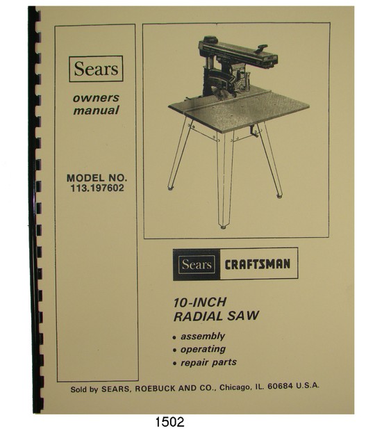 Sears Craftsman 113.197602 10 inch Radial Arm Saw Op & Parts Manual 1502 eBay