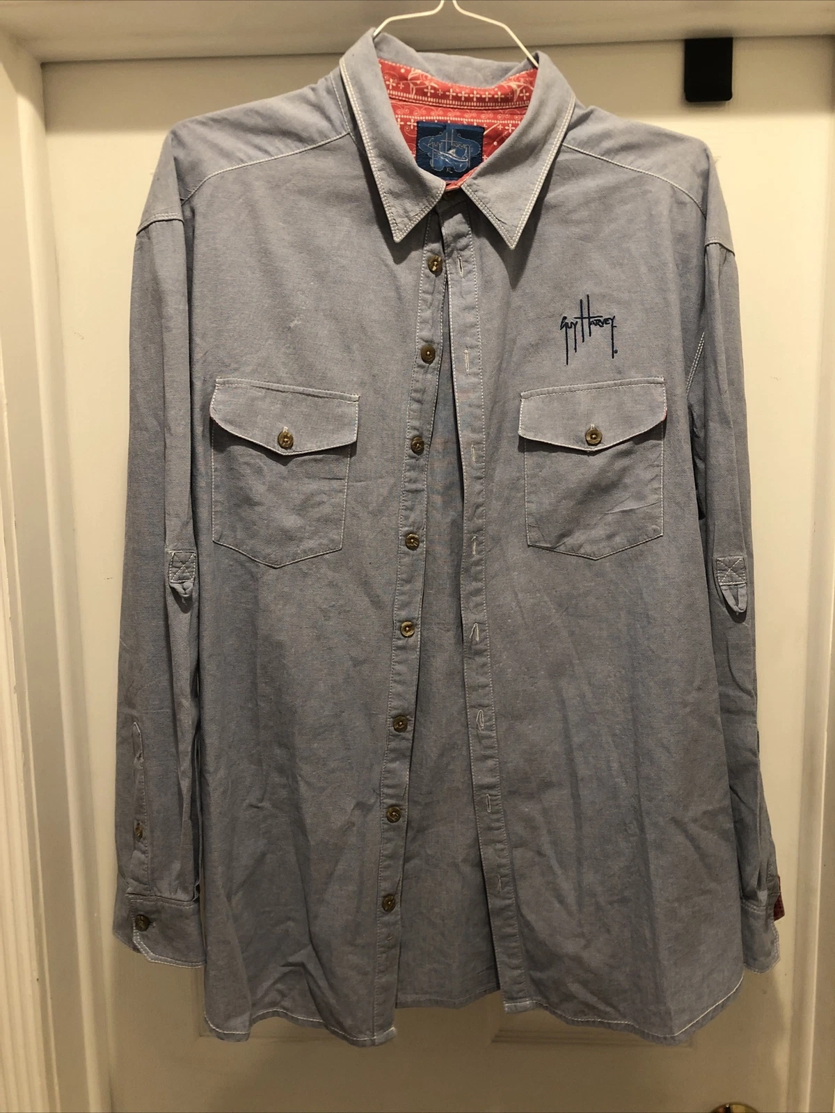 Guy Harvey men’s blue oxford longsleeve shirt extra large fishing Logo On Back