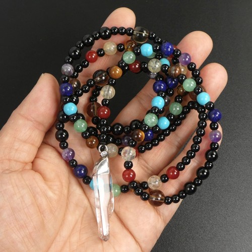 7 Chakras White Rock Crystal Point Pendant Multicolor Beaded 30" Long Necklace - Picture 3 of 10