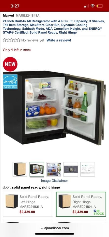MARVEL 24" PANEL READY UNDER COUNTER FRIDGE - MOD# MARE224IS41A  PANEL READY