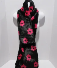 Betsey Johnson Faux Fur Scarf Muffler Trolls Pink Flowers Black NWT