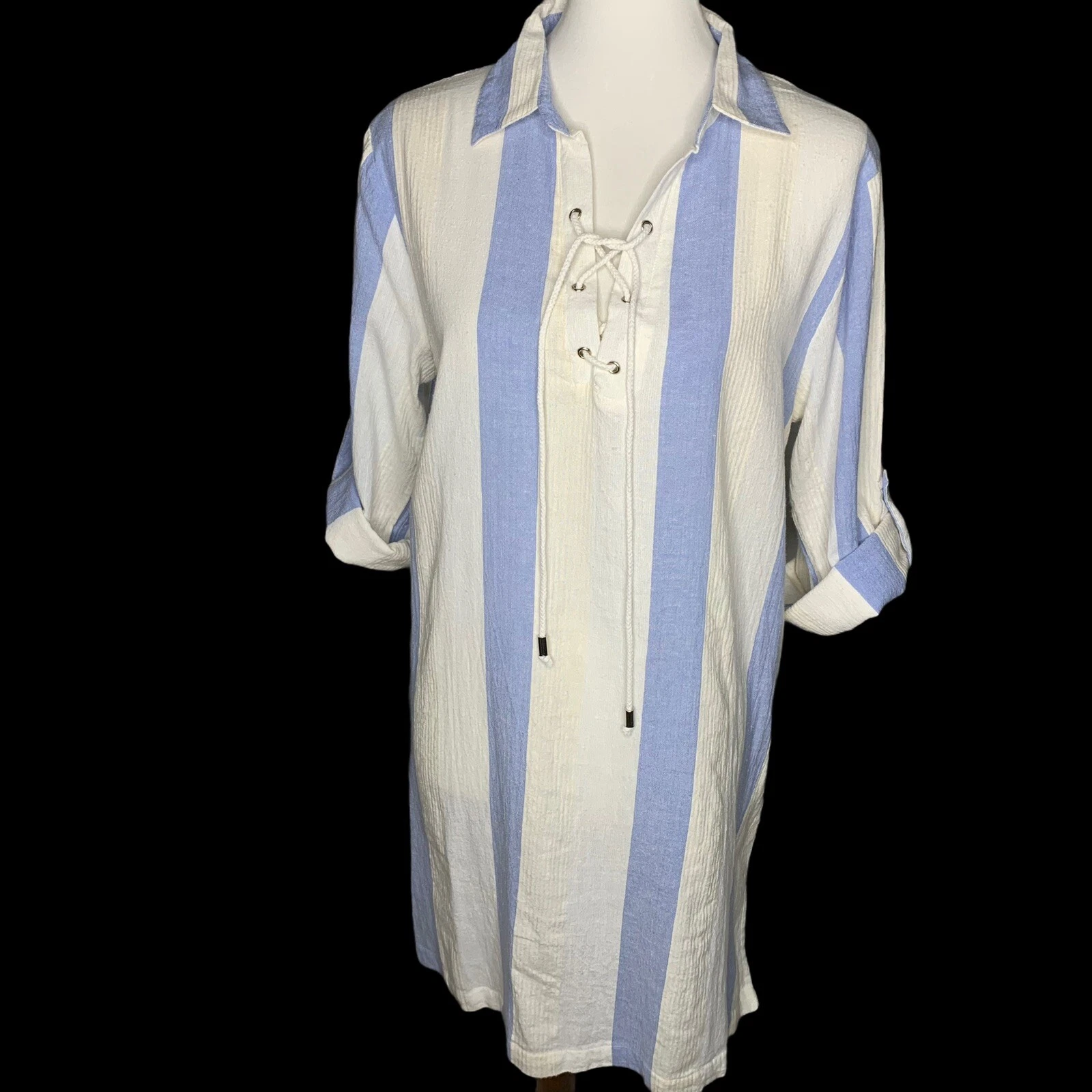 OFF WHITE Abito copricostume da bagno a righe Spiaggia Dolce taglia L blu bianco sporco maniche a linguetta arrotolata