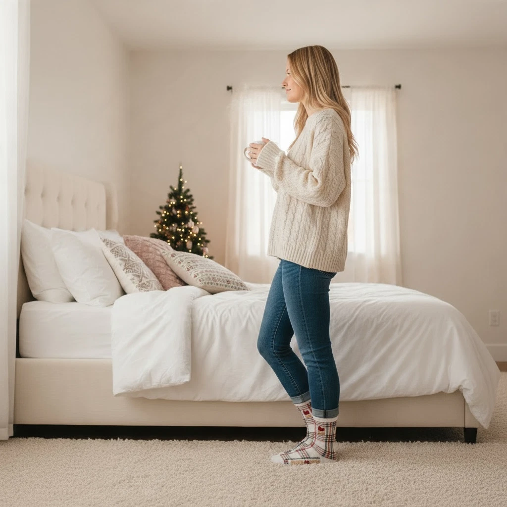 Primark - 1 paquete Acogedores Calcetines Solo en Casa a Cuadros de Navidad
