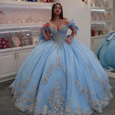 Shiny Blue Ball Gown Quinceanera Dress Lace Applique Sweet 16 Vestidos De 15 Ano
