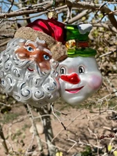 LARGE 5" X 4.4" POLAND BLOWN GLASS SANTA AND SNOWMAN HEAD ORNAMENT