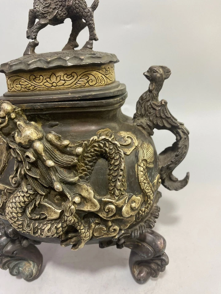 Quemador de incienso Qilin dragón fénix plata dorada cobre puro Foto 2 de 4