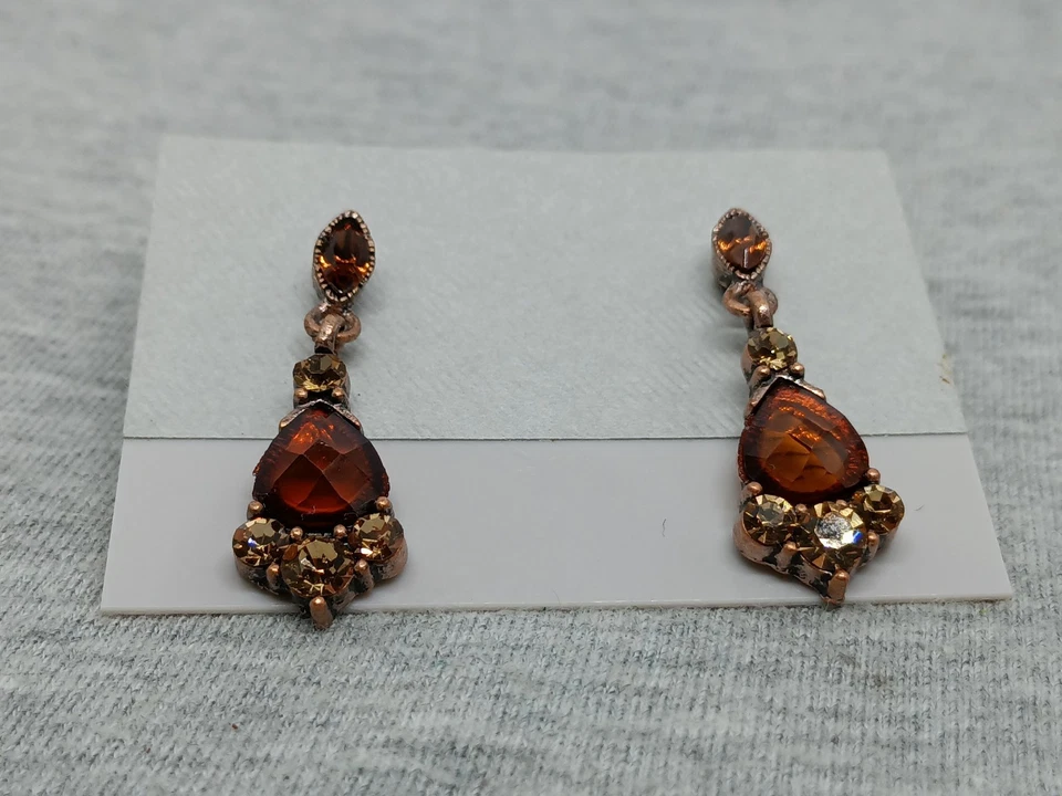Vtg 1928 Copper Tone Orange Amber Rhinestone Pierced Dangle Earrings Signed - Image 2 of 4