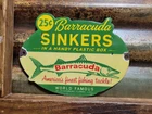 VINTAGE BARRACUDA SINKERS PORCELAIN SIGN OLD FISHING TACKLE LURES FLORIDA FISH