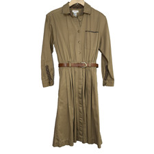 Vintage Talbots Shirt Dress Women 8 Beige Maxi Paisley Trim Canvas Safari Belted