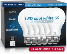 Great Eagle A19 LED Light Bulbs 60 Watt Equivalent, Cool White 4000K LED Light B