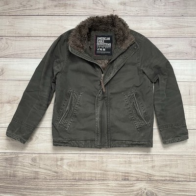 Vintage American Eagle Men's Jacket Faux Fur Lined Olive Full Zip