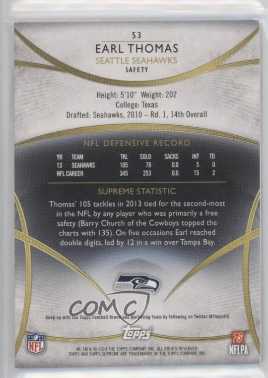 2014 Topps Supreme /162 Earl Thomas III Earl Thomas #53 - Image 2 of 2