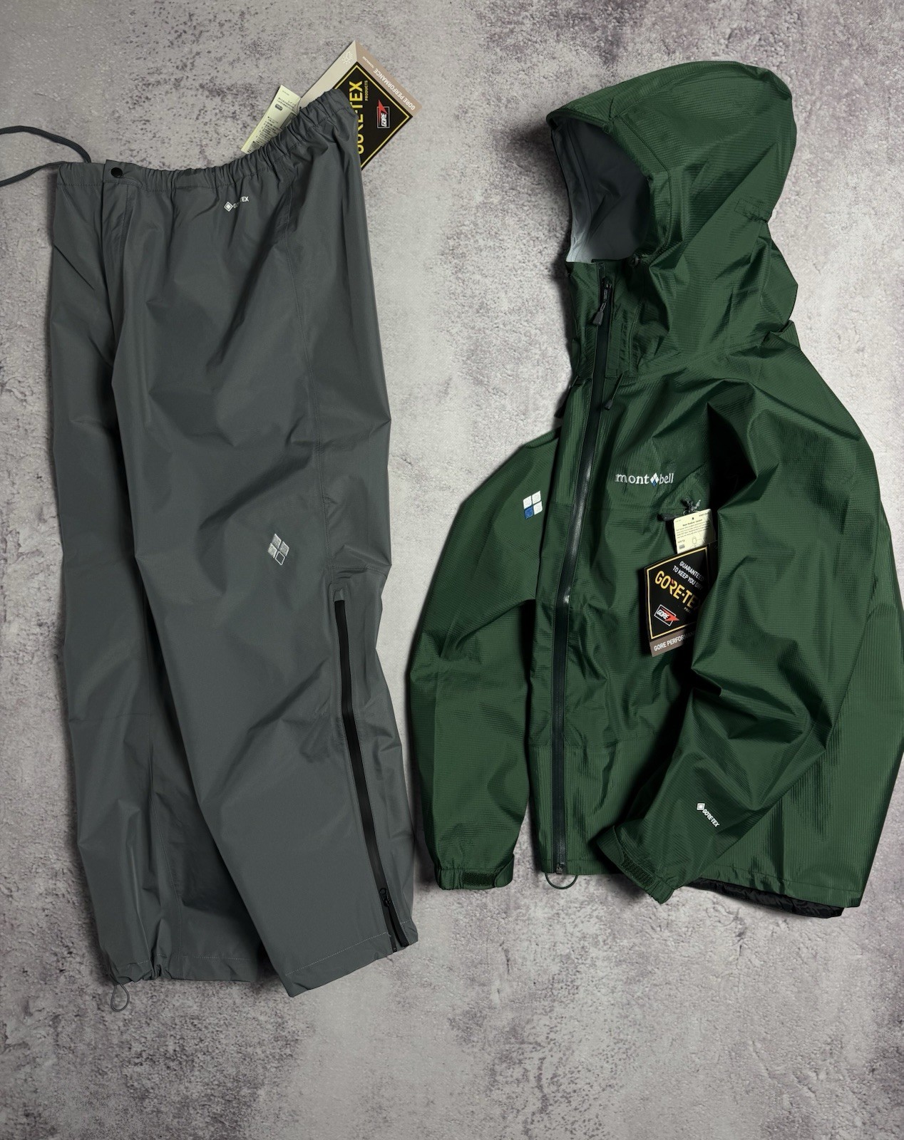 Montbell Gore-Tex Rain Suit Set Jacket + Pants Men’s Size M Green Gray New image 2