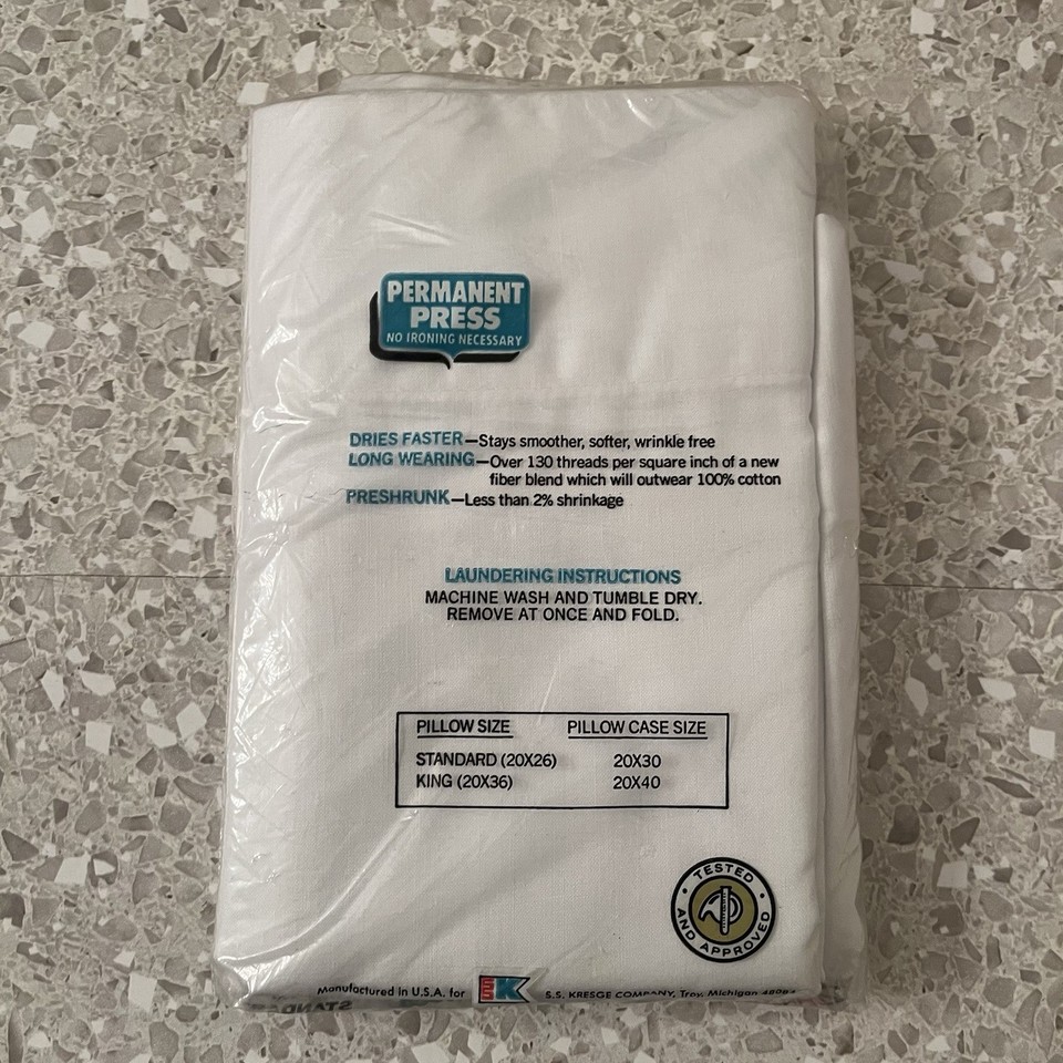 Retro Perm 2 No-Iron Standard White Pillowcases 50/50 Poly Cotton 20x26 NEW ...