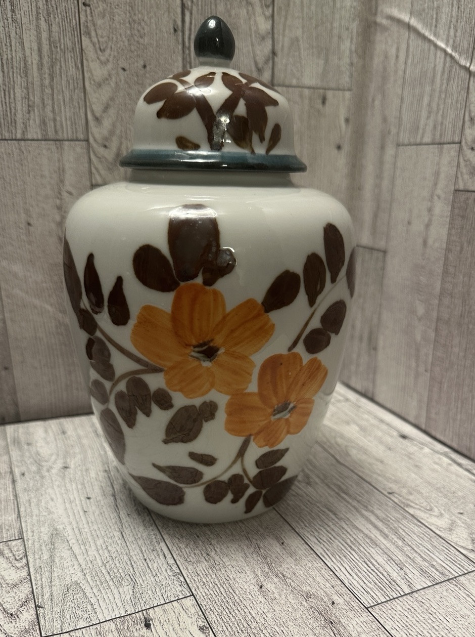 Vintage Lego White Stone Hand Painted Japanese Ginger Jar Ceramic Orange 8 Inch