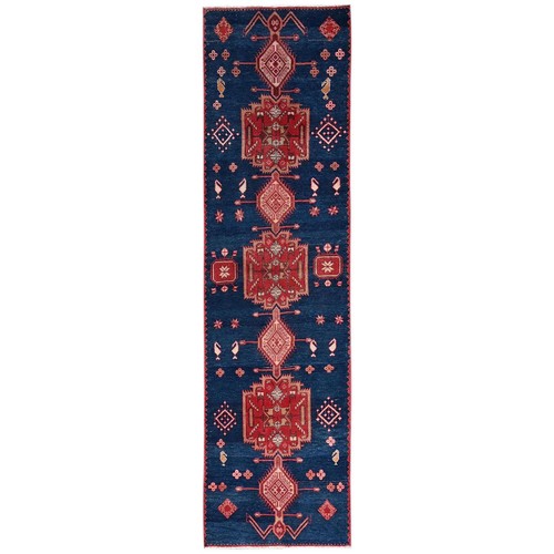 2'7"x9'10" Navy Blue Vintage Zoroastrian Pure Wool Hand Knotted Runner Rug 2177