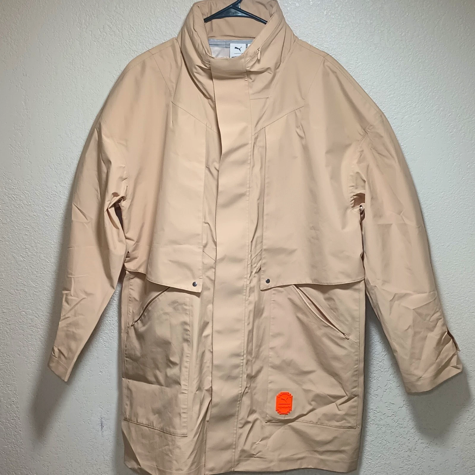 PUMA Pronounce Men's Beige Mid-Length Jacket Size L Stand-Up Collar Hidden Hood image 1