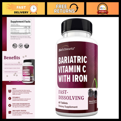 Bariatric Chewable Vitamin C with Iron 45mg - Black Cherry Flavor, Immune Suppor