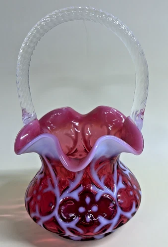 Fenton Art Glass Cranberry Opalescent " Spanish Lace " Basket 1993
