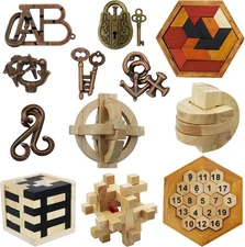 "12 pcs Wooden Brain Teaser Puzzles Teaser 3D Steel Puzzle for Adults Unlock Int