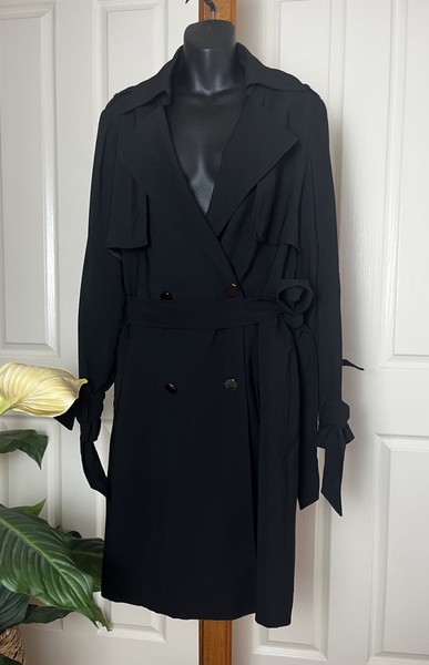 Sheike  Belted Trench Coat Size  12 Black Double Breast Longline Collar