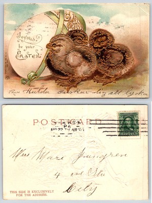 Easter HUGE WHITE EGG GREEN RIBBON GOLDEN SPECKLED CHICKS Embossed Postcard X113