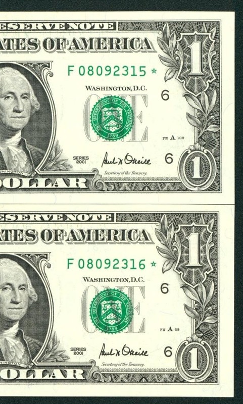 (( STAR - TWO CONSECUTIVE )) $1 2001 ((CHOICE CU)) FEDERAL RESERVE NOTE CURRENCY