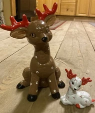 VTG Xmas 2 Deer Kimble Mold Quilted Ceramic Hand painted 10”-4” White &Brown
