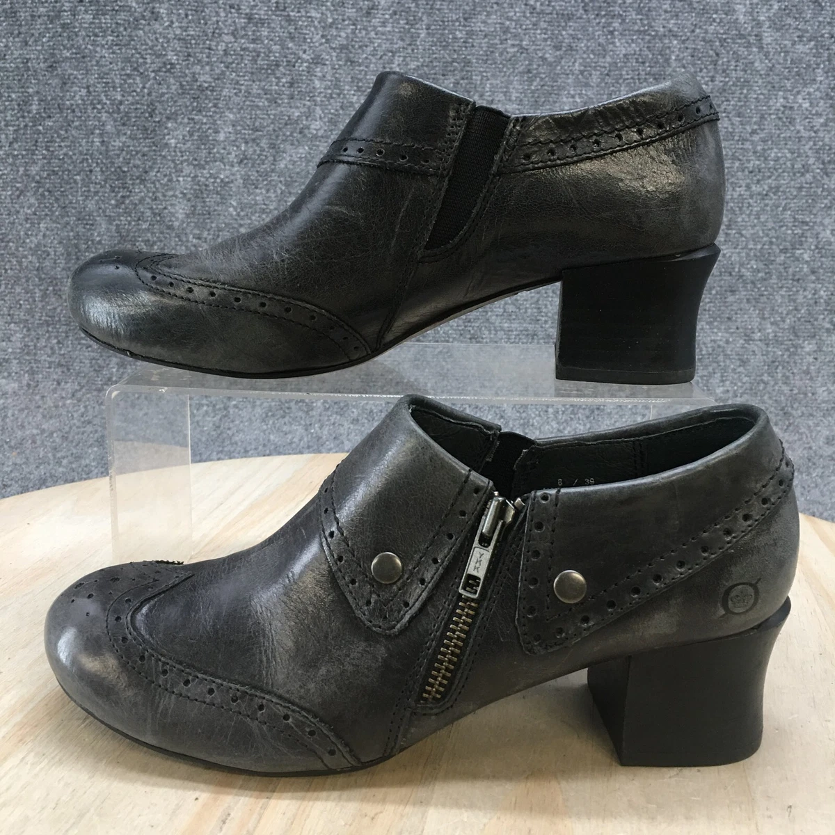 Born Ankle Boots Womens 8 Black Sia Wingtip Zip Almond Toe Block