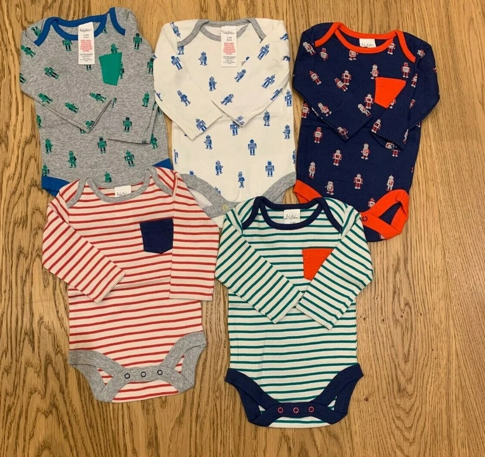 New Ex Baby Boden 5 Rompers/vests/bodysuits set robots and stripes age 0-3 m - Image 2 of 2