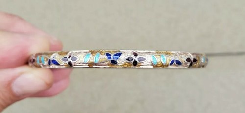 Vintage 925 Enamel Flower Bangle Cuff Bracelet 925 - Picture 4 of 12