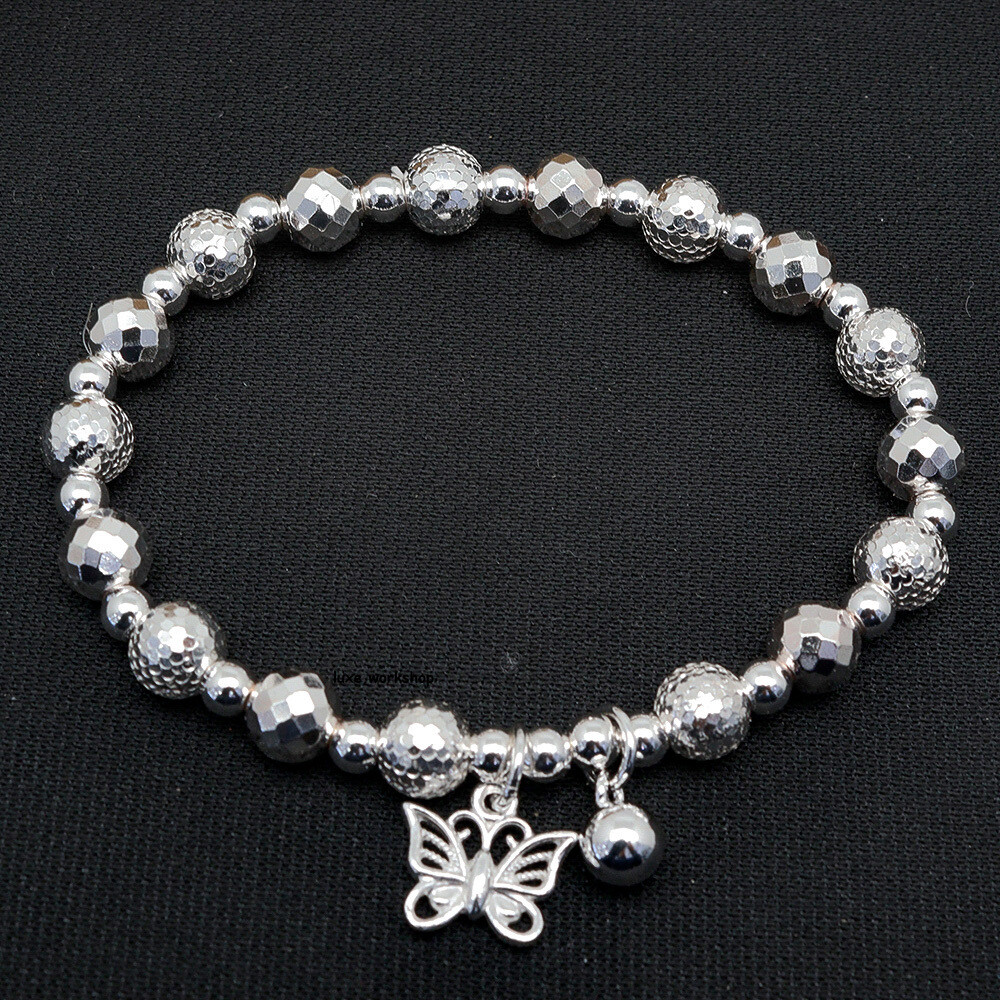 Pure 999 Fine Silver Butterfly Charm Bracelet with Laser Ball Beads 18-19g