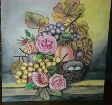 Quadro Natura morta fatto a mano su legno con pirografo ed acquerello