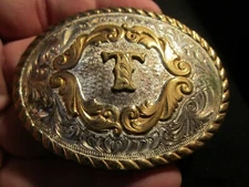 VINTAGE MONTANA SILVERSMITH BELT BUCKLE LETTER T SILVER PLATE - GW20